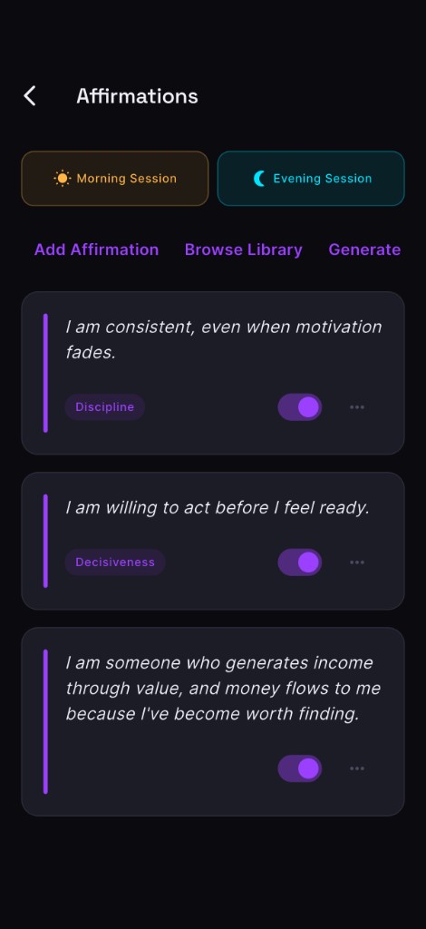 MindsetForge suggesting a new affirmation tailored to a specific money fear