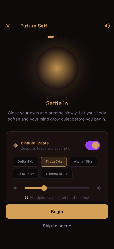 MindsetForge Future Self guided visualization with binaural beats and a settle in screen