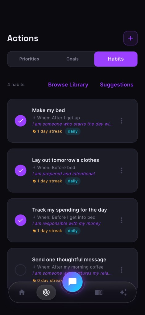 MindsetForge habits screen showing a broken streak after missed check-ins