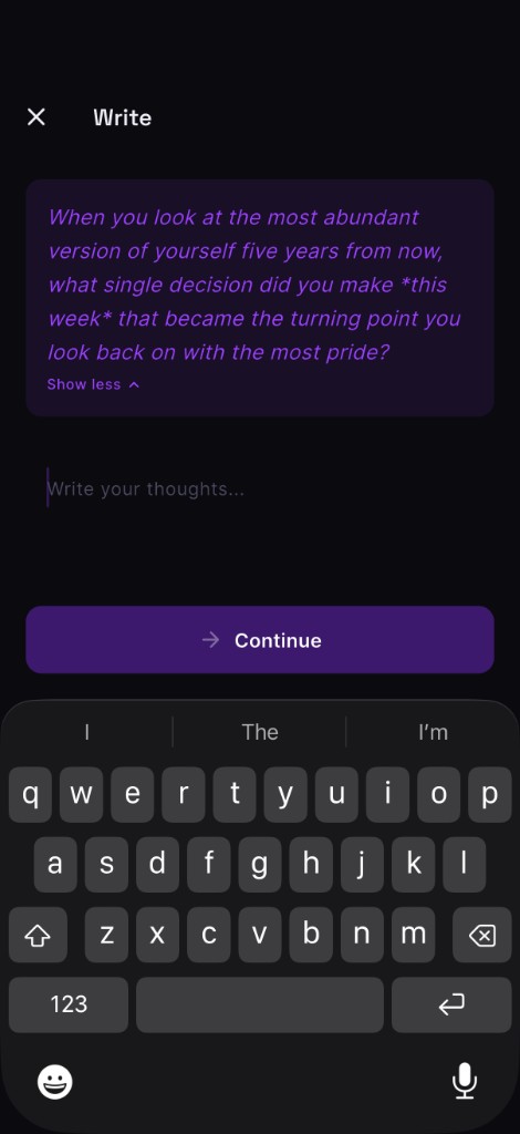 MindsetForge journaling screen with an AI-generated prompt about the most abundant version of yourself
