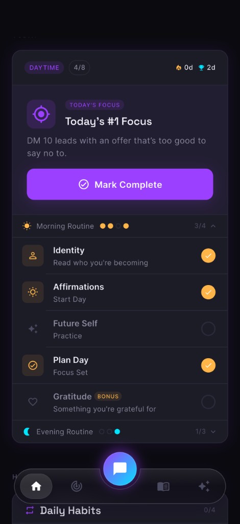 MindsetForge morning ritual checklist with identity, affirmations, future self practice, and plan day steps